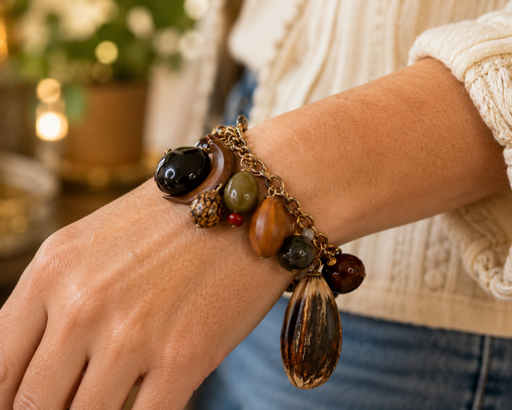 Chunky Artisan Charm Bracelet Wood Seed Resin Beads Gold Tone Statement Boho